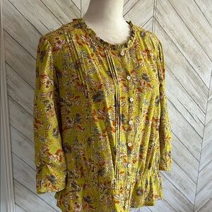 Sam Edelman Large Green Floral Button Up Blouse Elastic Waist Pleated Detail